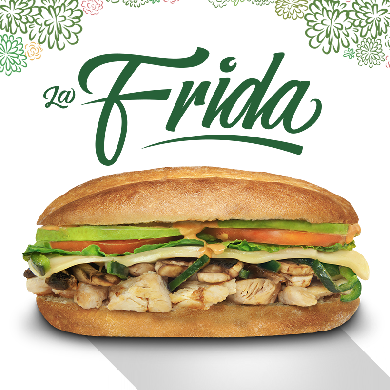 Torta La Frida: pechuga, champiñones, rajas, queso asadero y aguacate en telera
